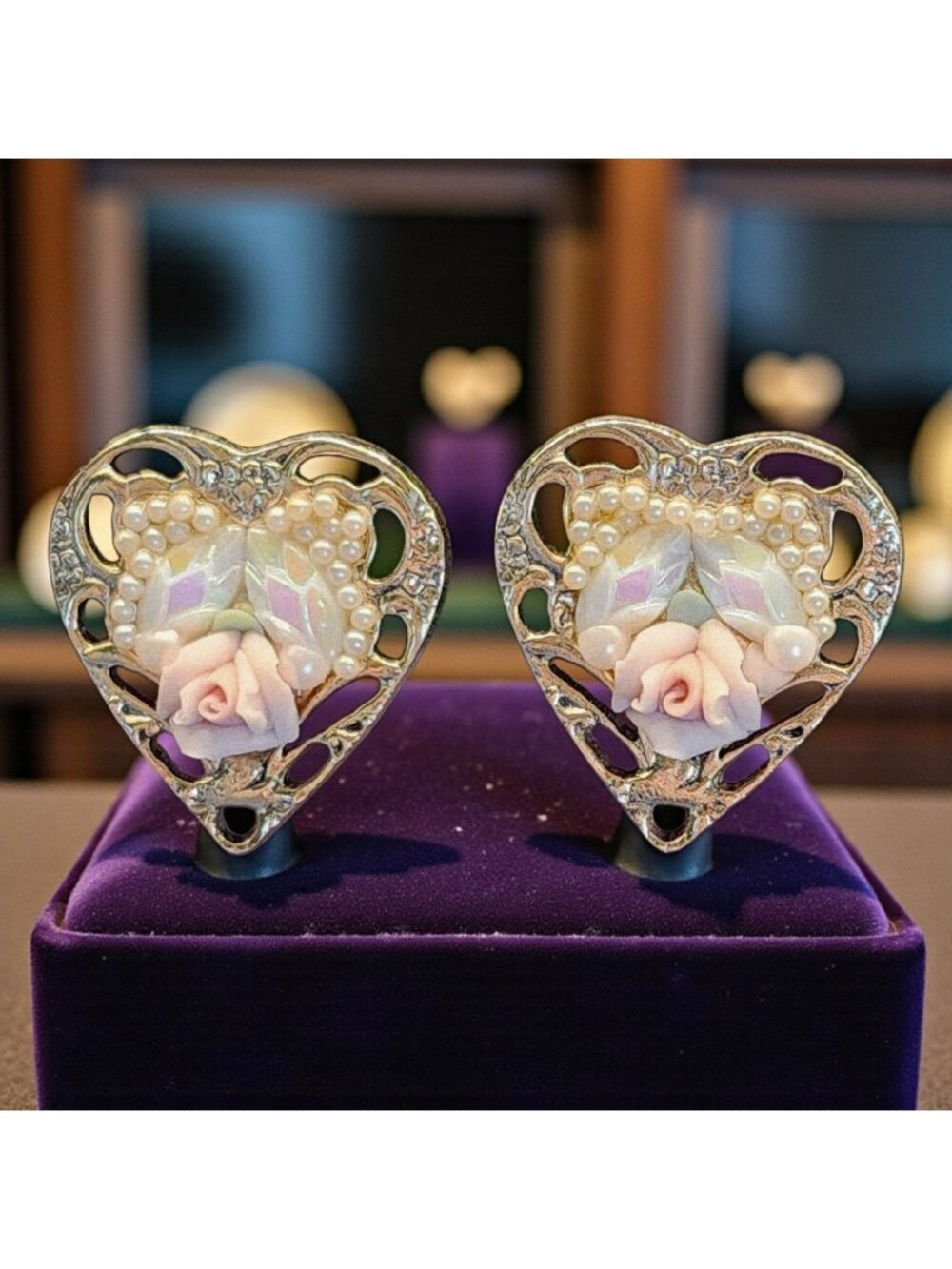 Vintage Heart Clip-On Earrings Ceramic Rose Faux Seed Pearls & Opalescent Glass